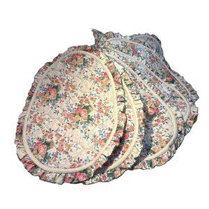 Quilted Floral Oval Placemat Set Ruffled Border Reversible Moss Green 19.5 x 14"